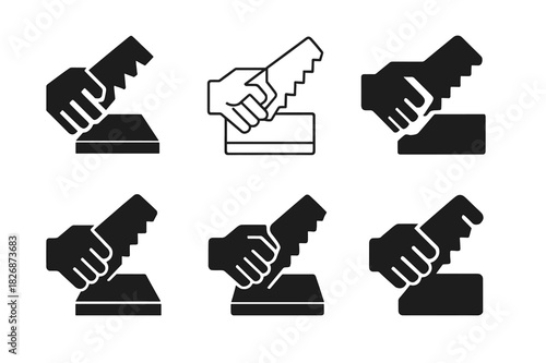 DIY Logo Variations. DIY home improvement. Icon set. Set Logo of DIY home improvement: handsaw cutting plank. harmonious logo variations of the same emblematic