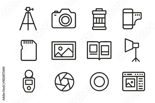 Photography Essentials Icons. Photography tools set. Line icon set of Photography tools set: tripod, camera, lens, film roll, memory card, photo frame, photo