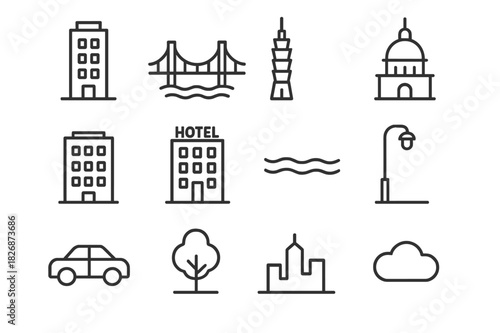 Urban Icons Set. Urban lifestyle. Solid icon set of urban lifestyle: skyscraper, subway, bicycle, street light, coffee cup, office building, park bench,