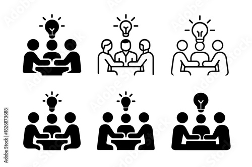 Candid Leadership Icon Set. Candid shots of managers in everyday work settings. Icon set. Set Logo of candid leadership: brainstorming session. harmonious logo