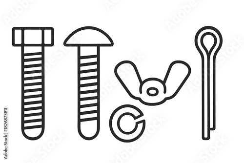 Essential hardware components set featuring different types of bolts, wing nut, split washer, and cotter pin