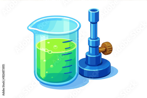 Glass beaker with bright green chemical liquid and blue Bunsen burner for lab research