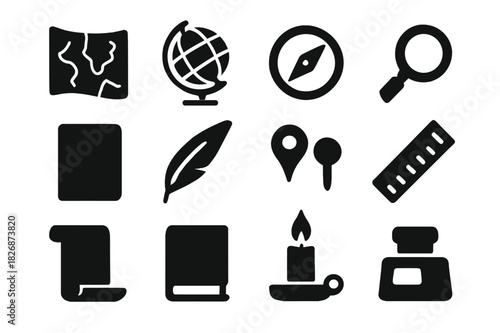 Historical Icons Collection. Historical geography. Solid icon set of Historical geography: old map, globe, compass, magnifying glass, notebook, quill pen, map