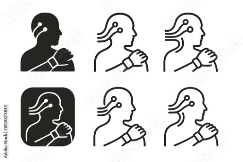 Wearable Tech Icons. Fashion and Technology (Wearable Tech, Smart Clothing). Icon set. Set Logo of connected style: silhouette with wearable smartwatch and