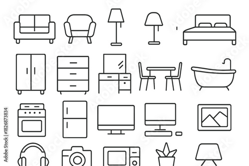 Essential outline symbols collection for domestic furniture, electronics, and household appliances