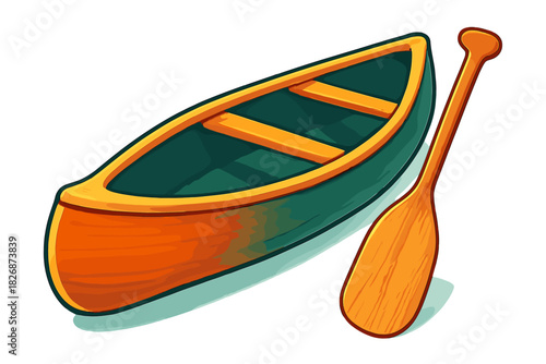 Brightly colored canoe and paddle set for river travel and summer outdoor recreation