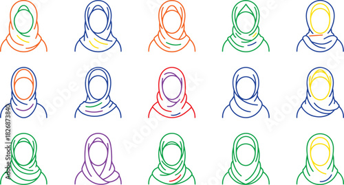 Diverse collection of hijab clad women in colorful line art style representing muslim culture and modern fashion with an artistic touch and minimalist design