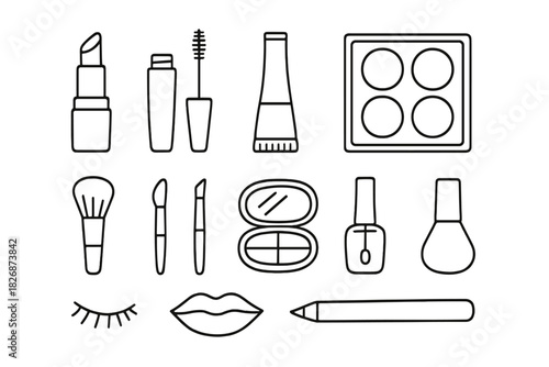 Essential beauty and cosmetic products collection presented in simple outline style