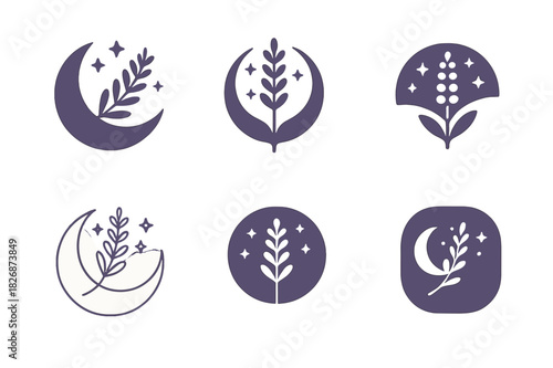 Sleep Wellness Icons. Sleep wellness. Icon set. Set Logo of Sleep wellness: lavender sprig over starry night. harmonious logo variations of the same emblematic