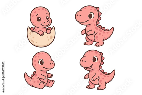 Cute pink baby dinosaur character set in four different poses including hatching from an egg