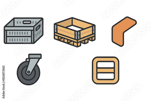 Logistics and storage elements set including crate, wooden pallet, caster wheel, and buckle components