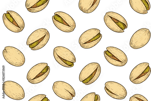 Seamless repeating pattern of whole pistachio nuts with shells on a white background