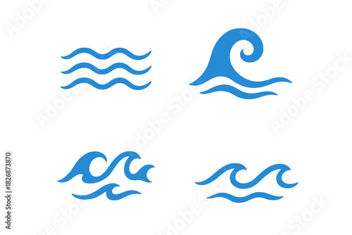 Set of blue water wave symbols representing ocean and liquid movement icons