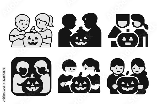 Pumpkin Carving Icons. Children Carving Pumpkins for Halloween. Icon set. Set Logo of Children Carving Pumpkins for Halloween: jack-o'-lantern pumpkin.