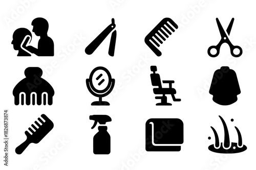 Barber Tools Icons. Shaping hair with razor. Solid icon set of Shaping hair with razor: barber, straight razor, comb, scissors, hair clip, mirror, barber