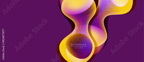 Abstract fluid shapes, vibrant colors, purple background. Modern design elements create dynamic visual impact. Smooth gradients, flowing forms.