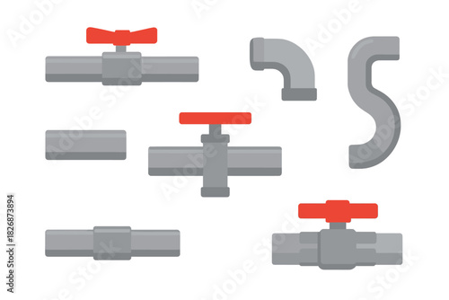 Set of different gray pipe segments and red valves for plumbing and industrial systems