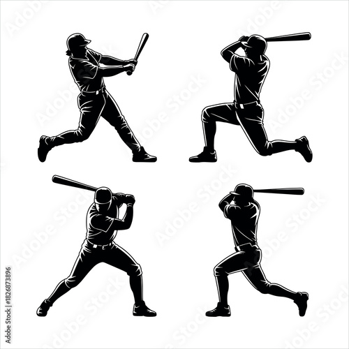 Four baseball players swinging bat isolated on white background
