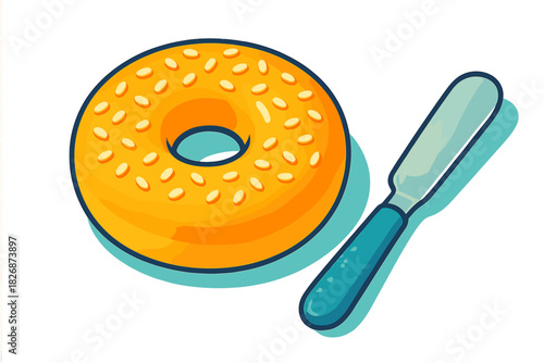 Brightly colored sesame bagel and spreading knife ready for breakfast or a snack