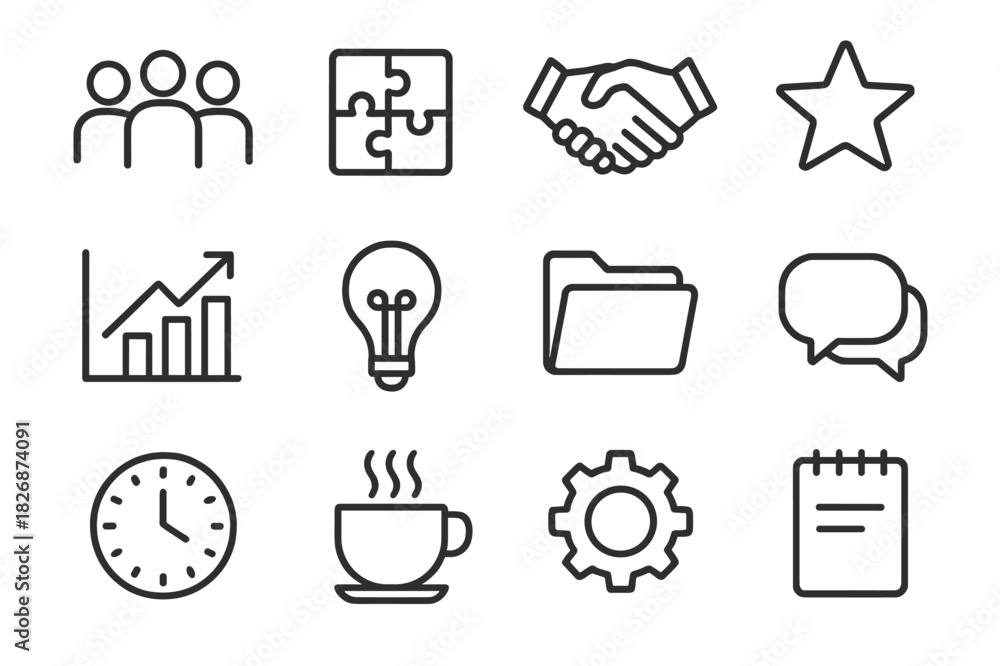Fototapeta premium Teamwork Icon Set. Teamwork. Line icon set of teamwork: people, puzzle piece, handshake, star, chart, light bulb, folder, chat bubble, clock, coffee cup, gear,