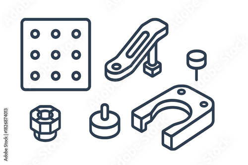 Isometric set of industrial mechanical parts, fasteners, and engineering components