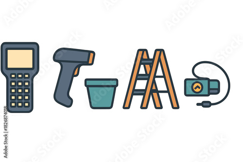 Portable data terminal, infrared thermometer, ladder, and bucket utility equipment set