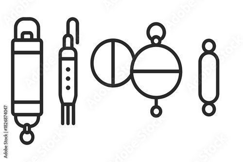 Collection of fishing tackle line icons featuring various bobbers and floats for angling sport