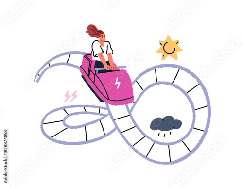Emotional rollercoaster, mood swings. Changing feelings from happy positive to sad negative. Bipolar disorder, mental health, psychology concept. Flat vector illustration isolated on white background.