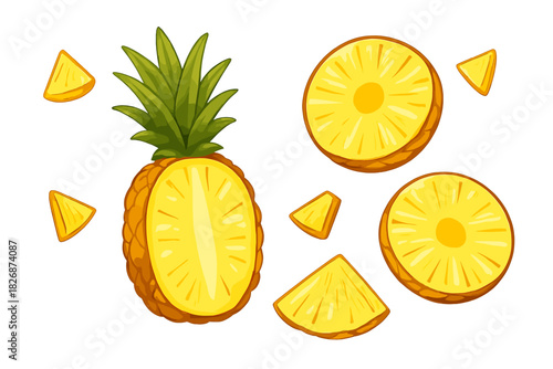 Fresh tropical pineapple fruit cut in half with round slices and small wedges scattered around