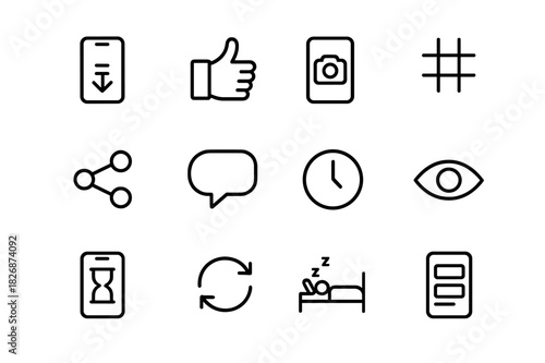 Social Media Icon Set. Social media habits. Line icon set of social media habits: scroll icon, thumbs up, camera post, hashtags, share icon, message bubble,