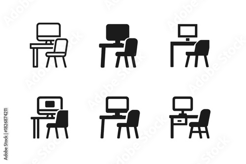 Home Office Icons. redesigning a home office space. Icon set. Set Logo of redesigning a home office space: desk with computer and chair. harmonious logo