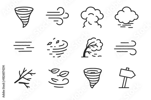 Tornado Icon Set. Tornado formation. Line icon set of Tornado formation: tornado funnel, swirling wind, dust cloud, motion lines, flying debris, bent tree,