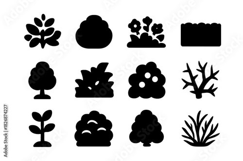 Bush Icon Collection. Bush. Solid icon set of bush: leafy bush, round shrub, flowering bush, hedge, trimmed bush, wild bush, berry bush, thorn bush, layered