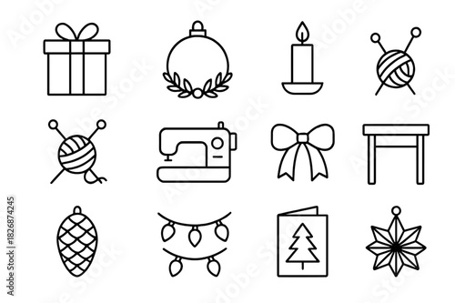 Creative Market Icons. Creative market items. Line icon set of Creative market items: gift box, ornament ball, wreath, candle, knitting needles, sewing
