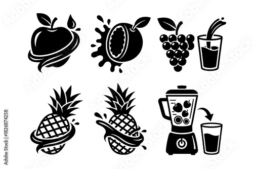 Collection of Fresh Fruit Icons and Blender for Juicing.