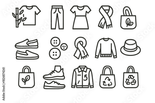 Eco Fashion Icons. Plant-based fashion. Line icon set of Plant-based fashion: bamboo shirt, hemp pants, linen dress, cork shoes, wooden buttons, plant-dyed