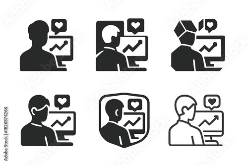 Digital Marketing Logos. A digital marketing expert analyzing social media performance on a computer. Icon set. Set Logo of a digital marketing