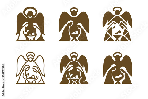 Nativity Scene Logos. Nativity scene. Icon set. Set Logo of nativity scene: Angel watching over the scene. harmonious logo variations of the same emblematic