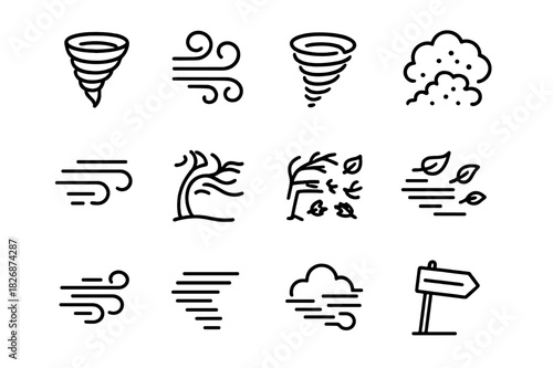 Wind Funnel Icons. Wind funnel. Line icon set of Wind funnel: tornado, swirling wind, spinning funnel, dust cloud, flying debris, bent tree, broken branches,