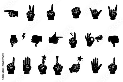 Collection of Black Hand Gestures and Symbols Icons.