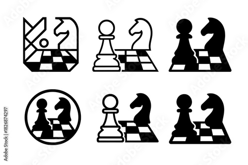 Offense vs Defense Icons. Offense vs Defense. Icon set. Set Logo of Offense vs Defense: chessboard. harmonious logo variations of the same emblematic concept,