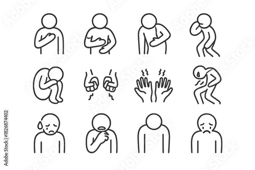 Agony Gesture Icons. Agony gestures. Line icon set of Agony gestures: hand on chest, hand on stomach, hand on head, bent-over figure, curled-up posture,
