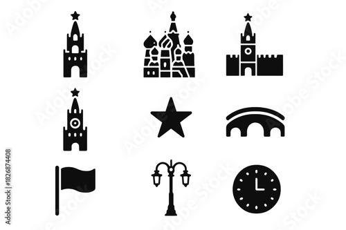 Moscow Icons Collection. Moscow Landmarks. Solid icon set of Moscow Landmarks: Kremlin tower, Saint Basil?s Cathedral, Red Square, Spasskaya tower, flag, star,