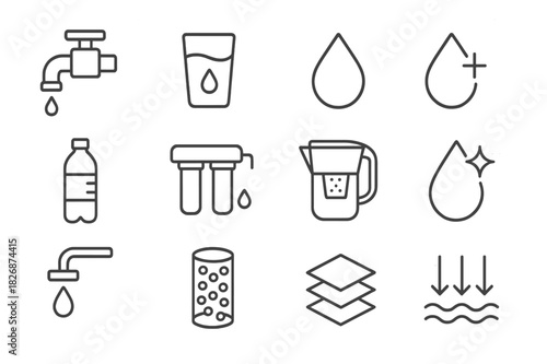 Filtered Water Icons. Filtered water. Line icon set of filtered water: faucet, filter, glass, droplet, bottle, purifier, pitcher, clean icon, tap, carbon,