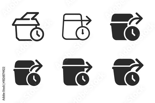 Refrigerator Cleaning Icons. Cleaning out the refrigerator. Icon set. Set Logo of Cleaning out the refrigerator: dated label on sealed food