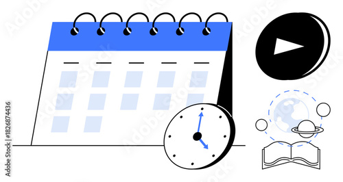 Calendar with spiral binding, a clock indicating time, play button, open book, and planet symbol. Ideal for scheduling, goals, time management education e-learning productivity multimedia. Simple