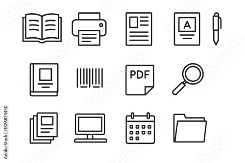 Publishing Icons Set. Publishing. Line icon set of publishing: open book, printer, page layout, cover design, barcode, pen, computer, PDF file, magnifier,