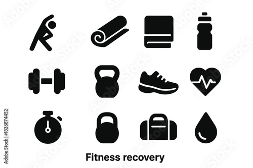 Fitness Recovery Icons. Fitness recovery. Solid icon set of Fitness recovery: person stretching, yoga mat, towel, water bottle, dumbbell, resistance band,