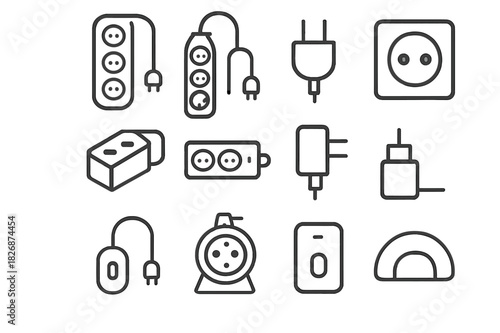 Cable Devices Icons. Cable devices. Line icon set of cable devices: extension cord, power strip, plug, wall socket, multi-plug adapter, surge protector, USB
