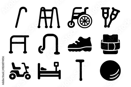 Elderly Aid Icons. Elderly aids. Solid icon set of Elderly aids: walking cane, walker, wheelchair, crutches, handrail, grab bar, orthopedic shoe, support belt,